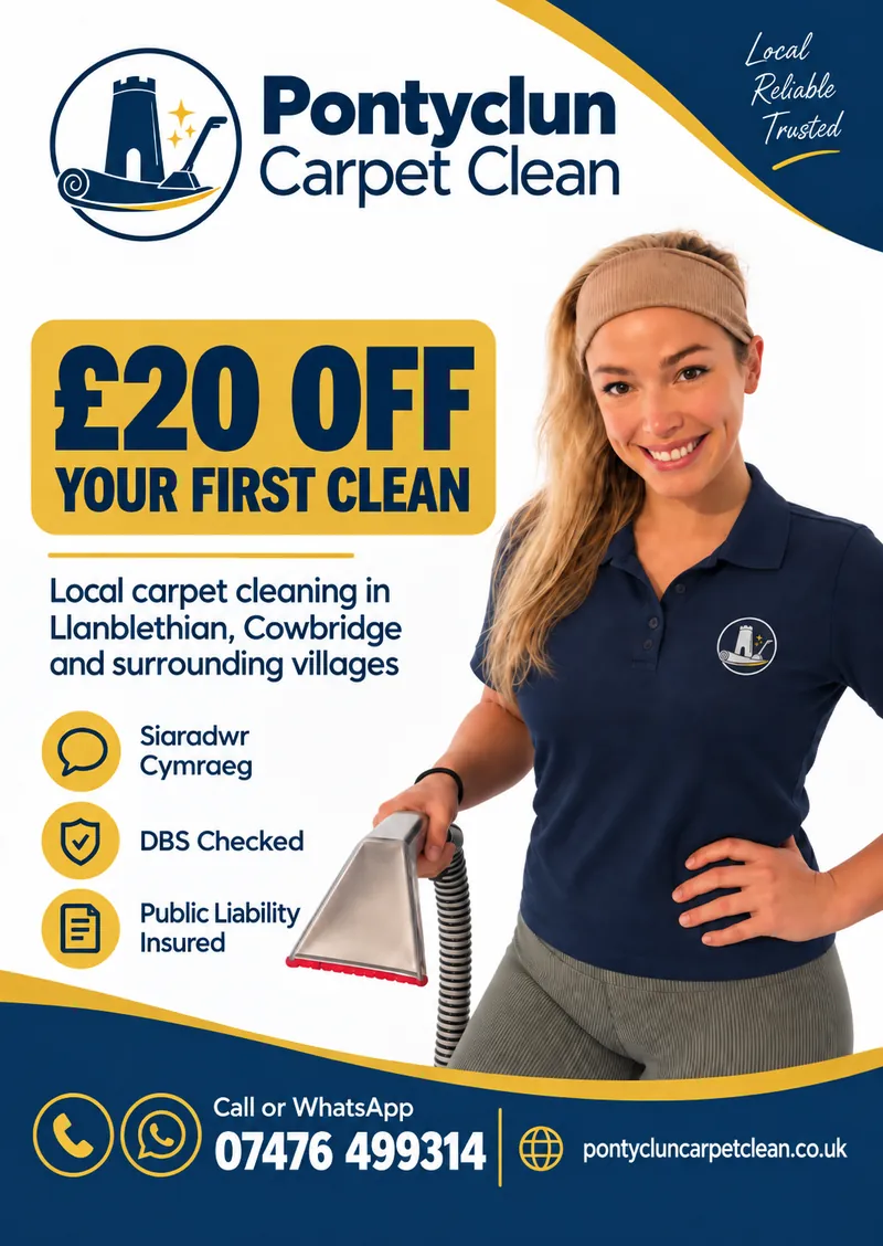 Pontyclun Carpet Clean flyer offering £20 off your first clean in Llanblethian, Cowbridge and surrounding villages